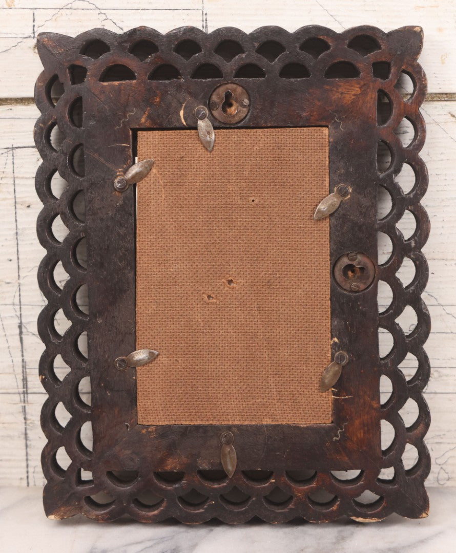 Lot 087 - Vintage Hand Carved Wood Folk Art Frame With Scalloped Cut Out Design, Floral Embellishments, With Mirror, 8" x 10-1/8"
