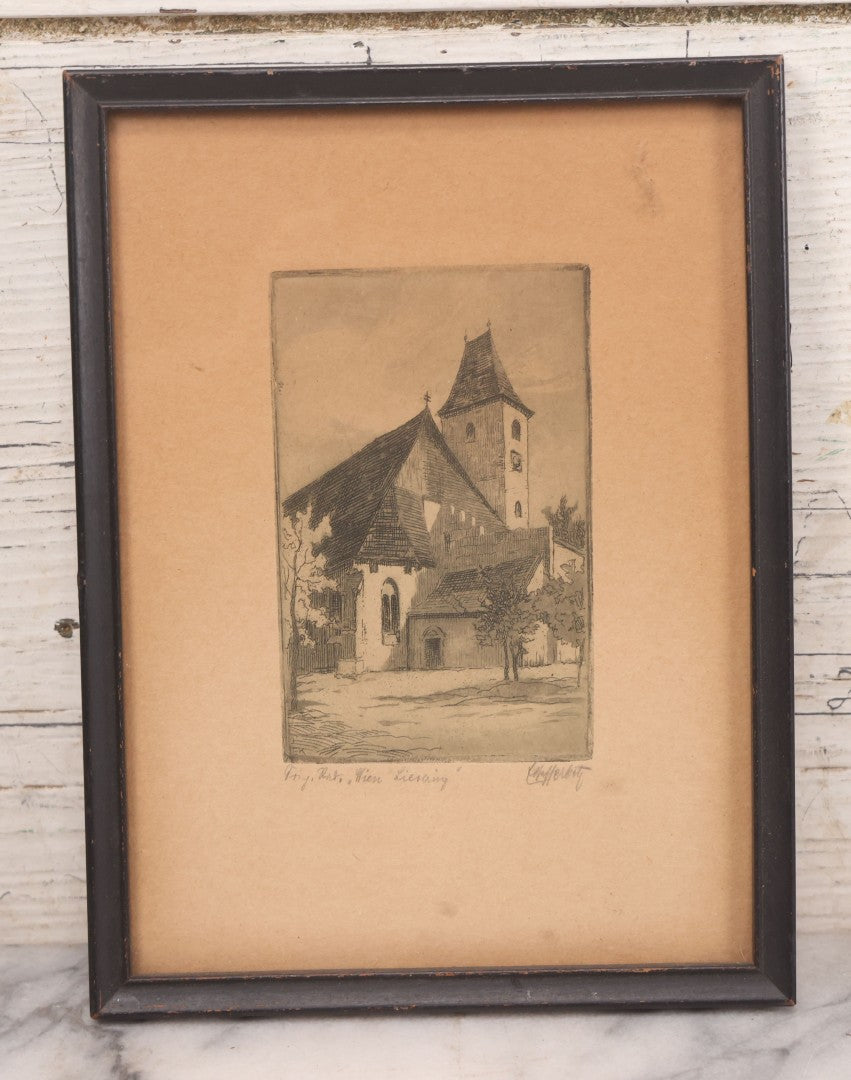 Lot 092 - Pair Of Antique Austrian Etching Prints Including Sievering Parish Church, Vienna, And Market Scene, Artist Signed In Pencil Illegibly, 6-3/4" X 8-3/4" And 6-1/4" X 8-1/4"