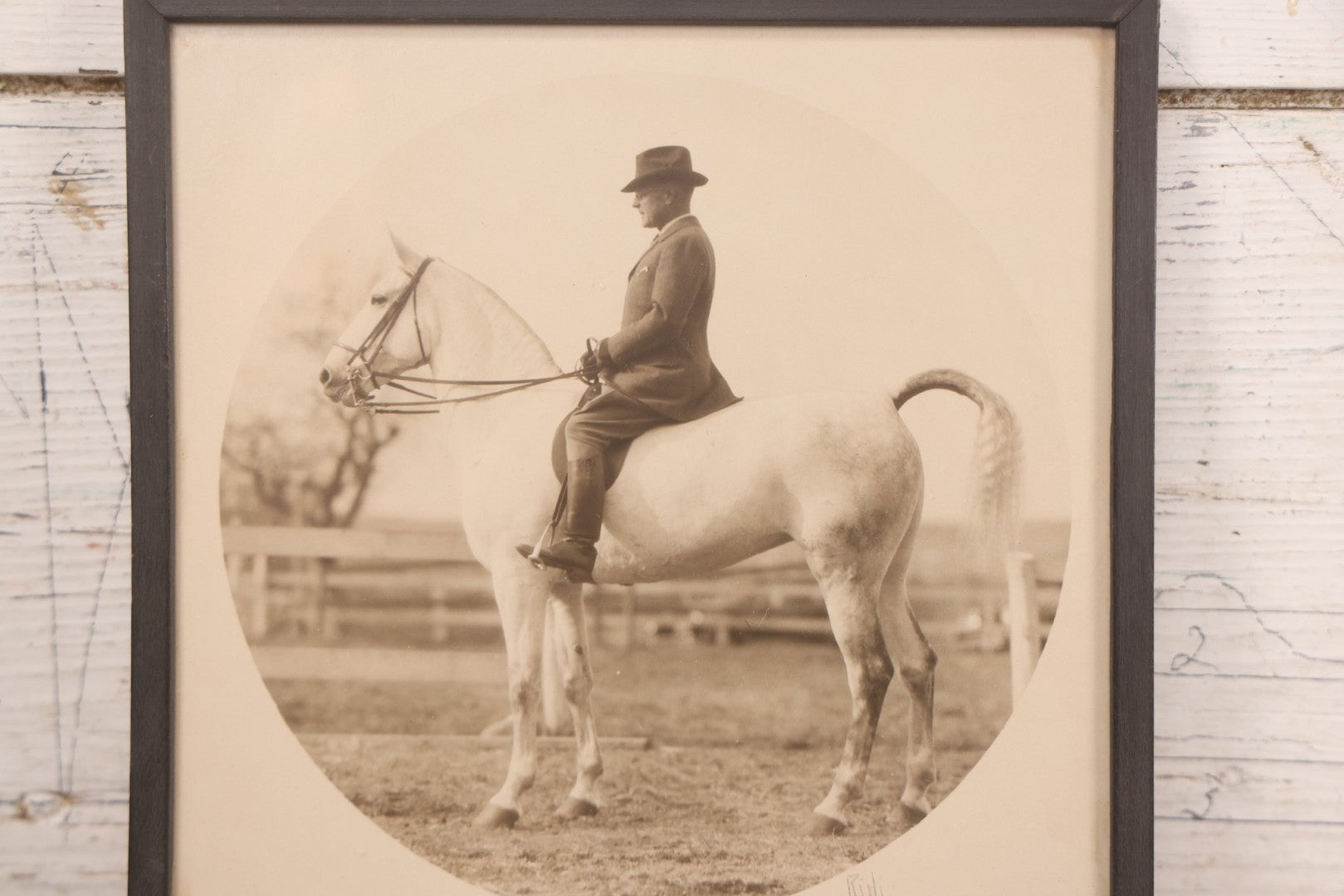 Lot 098 - Antique Circle Photo Of Man In Formal Riding Dress On Horse With Artist Signature "Ridi," In Frame, Fred Olsen's Art Shop Sticker On Verso, Cambridge, Mass, 8-3/8" x 9-5/8"