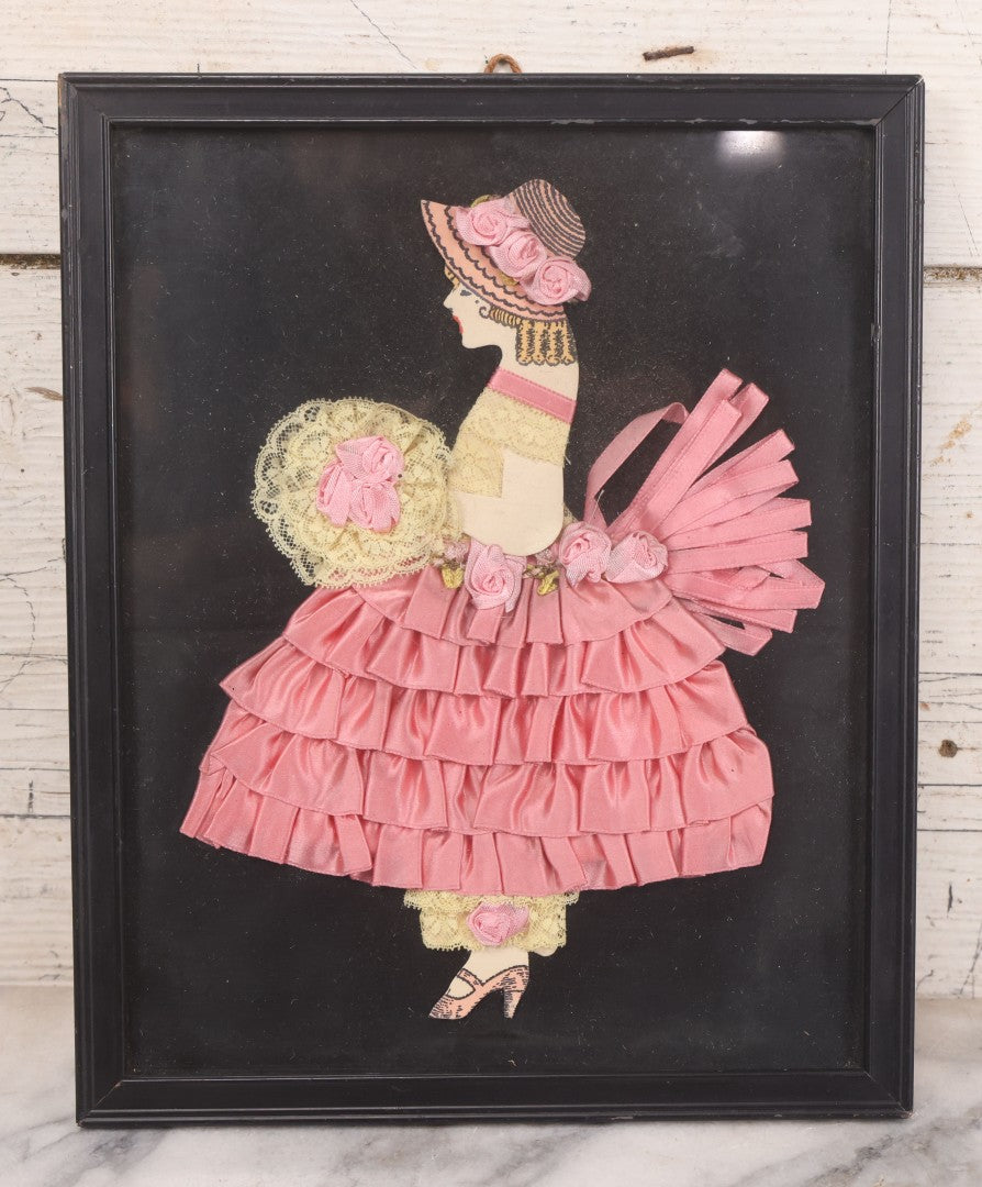 Lot 104 - Grouping Of Three Vintage Framed Ribbon Ladies, Including Woman In White Lace Dress With Real Hair In Oval Frame, Woman In Green And Woman In Pink, 8-3/4" x 10-3/4"