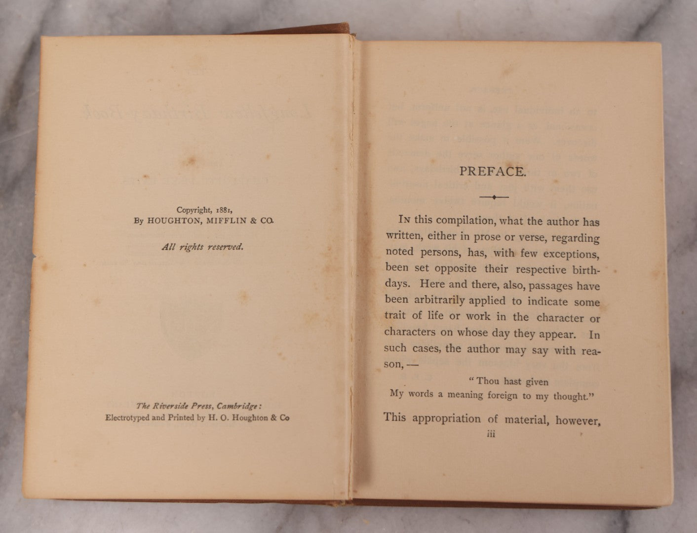 Lot 106 - "The Longfellow Birthday Book" Antique Illustrated Book Arranged By Charlotte Fiske Bates, Published By Houghton Mifflin And Company, Boston, 1881