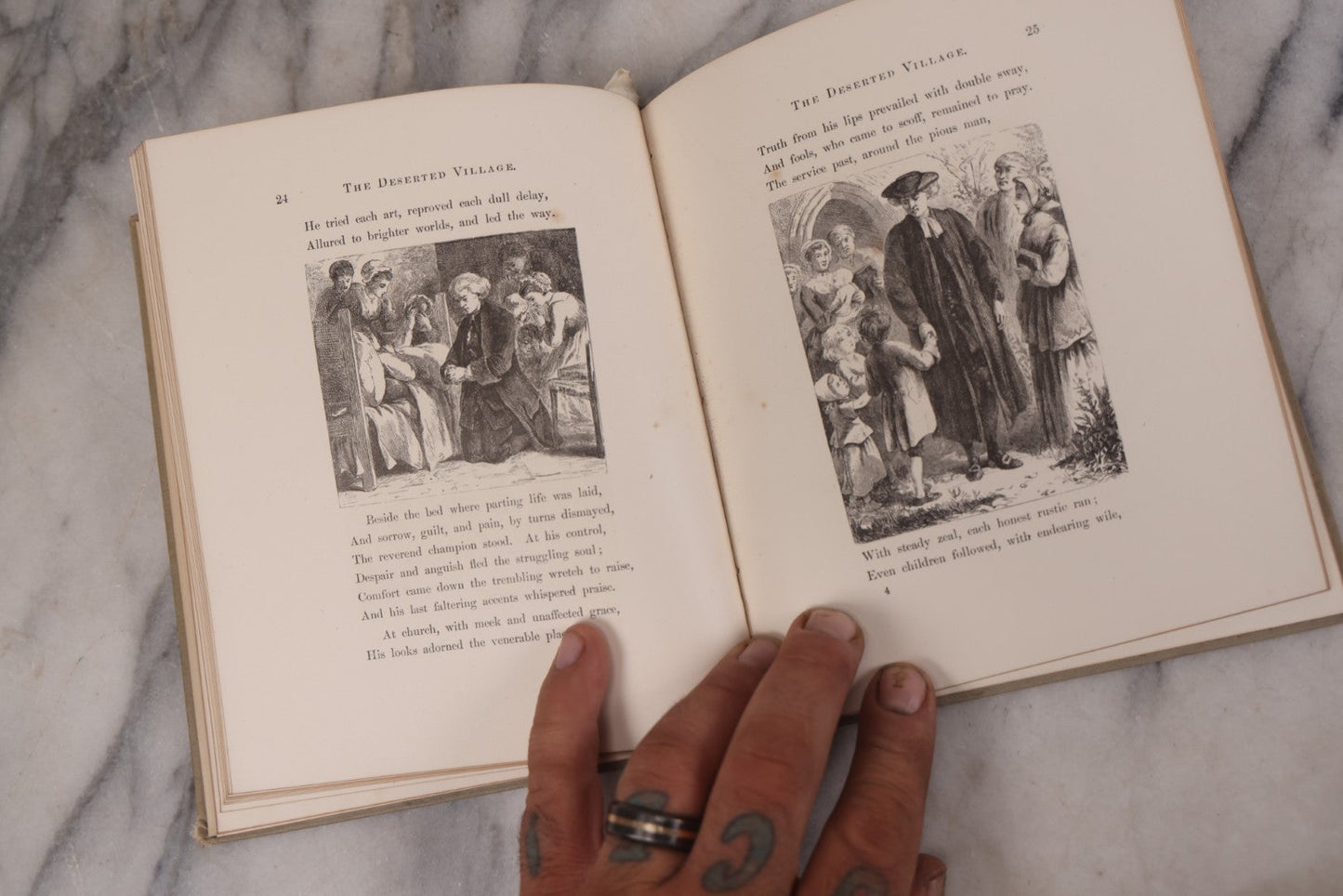 Lot 108 - "The Deserted Village" Antique Poetry Book By Oliver Goldsmith, Christmas 1889 Pencil Inscription, 30+ Illustrations 
