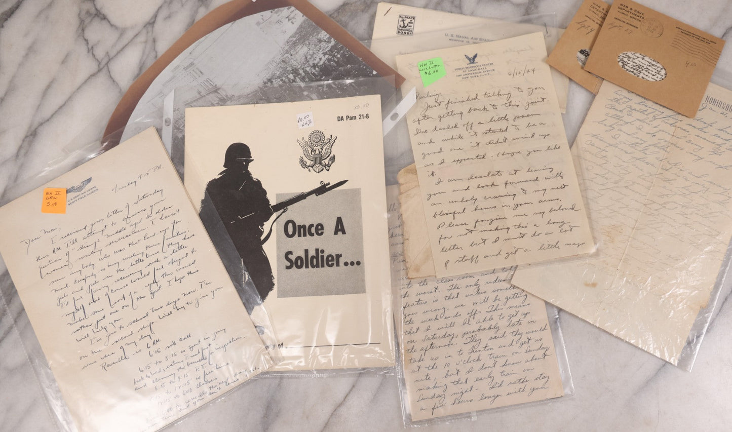 Lot 128 - Grouping Of Miscellaneous Vintage Military Ephemera Including Many Handwritten Domestic Letters From World War 2, "Once A Soldier" Booklet, Other Miscellaneous Scraps, 5+ Pieces Total