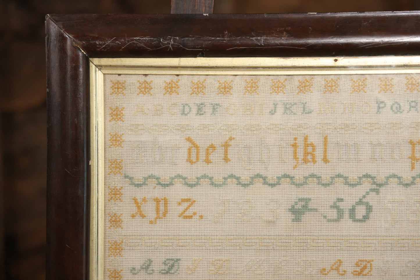 Antique European Schoolgirl Sampler With Alphabets, Numerals, Castle And Stag Motifs, Stitched By Maggie C. Dick, Age 13, Crosshill School, Circa Mid-19th Century, Framed, 26-3/8" X 27-1/4"