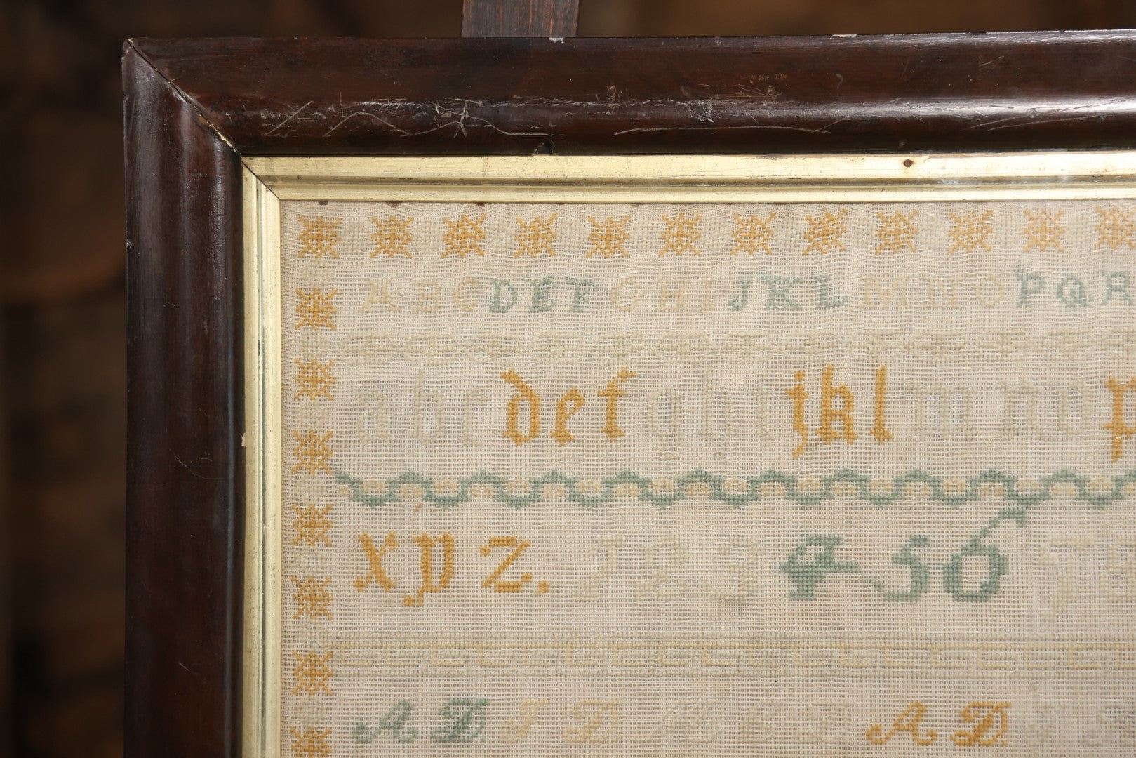 Antique European Schoolgirl Sampler With Alphabets, Numerals, Castle And Stag Motifs, Stitched By Maggie C. Dick, Age 13, Crosshill School, Circa Mid-19th Century, Framed, 26-3/8" X 27-1/4"