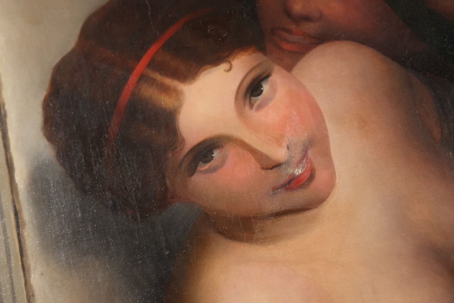 Antique Oil On Canvas Painting “Le Bouton De Rose” (The Rosebud) After Antoine Wiertz, Depicting Nude Maiden Offering A Rose With Man Peering From Behind Curtain, Signed “Wiertz,” With Wear And Surface Losses, 21-3/4" x 35-3/4"