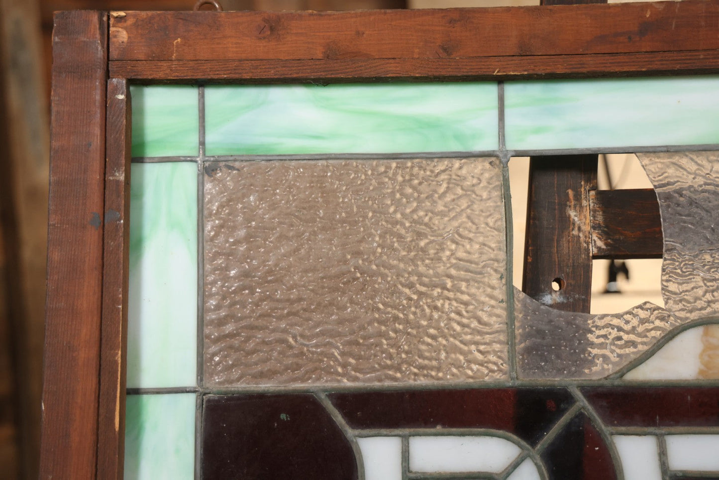 Antique Stained Glass Trade Sign “Beds,” From Boston Boarding House, With Damage And Wear, 43-3/8" X 31-1/4"