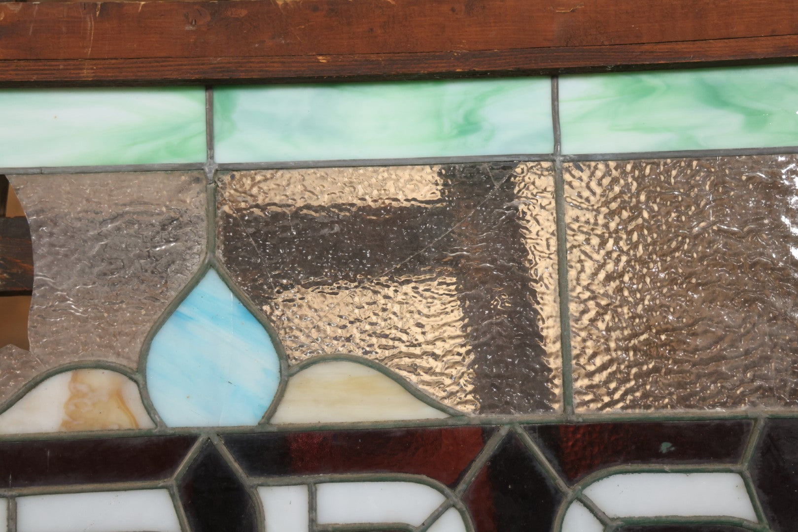Antique Stained Glass Trade Sign “Beds,” From Boston Boarding House, With Damage And Wear, 43-3/8" X 31-1/4"
