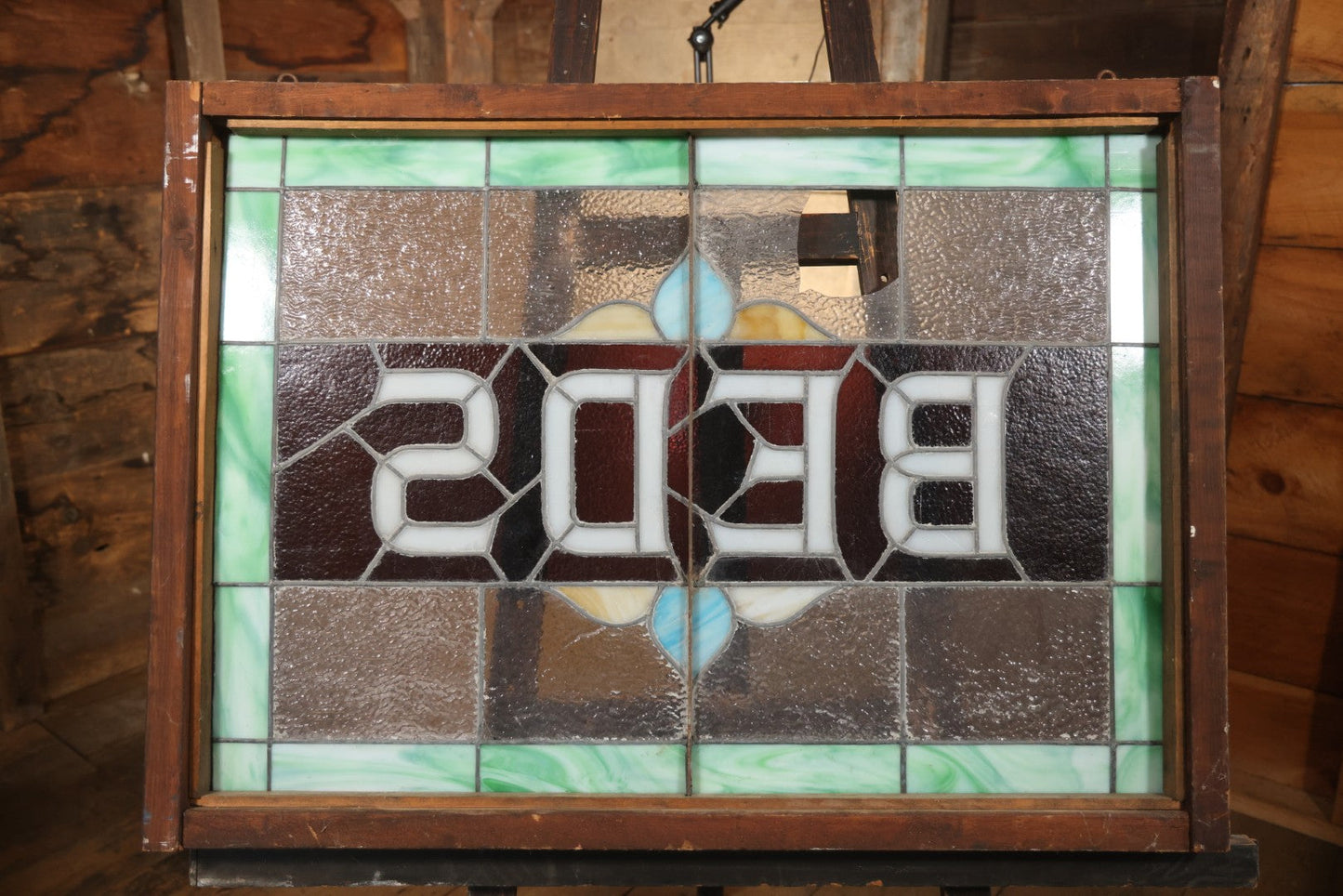 Antique Stained Glass Trade Sign “Beds,” From Boston Boarding House, With Damage And Wear, 43-3/8" X 31-1/4"