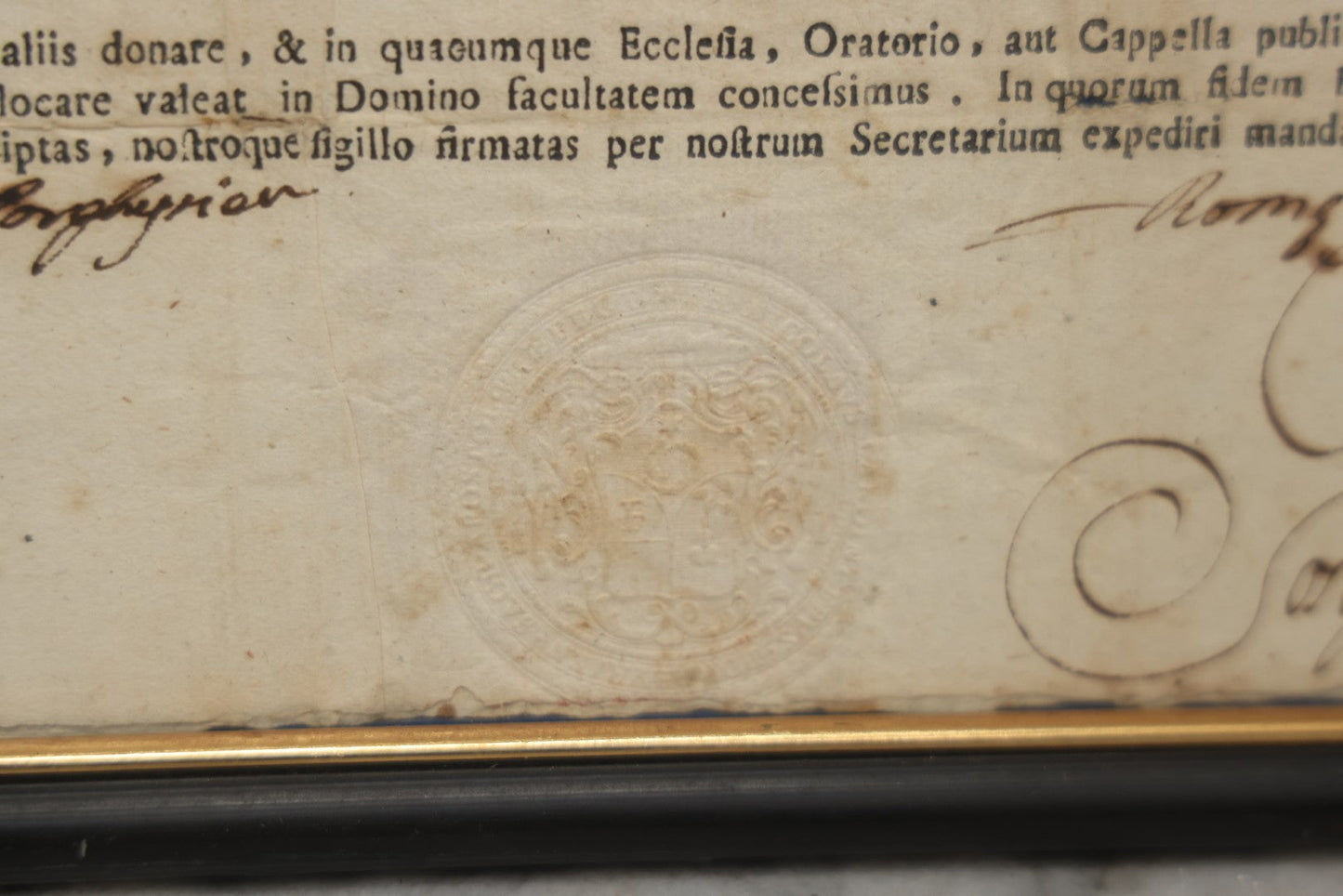 Lot 005 - Antique 18th Century Catholic Relic Authentication Certificate, 1775 Rome, Attesting To Relic Of The Cloak Of Saint Joseph, In Frame, 11-3/4" x 9-1/4"