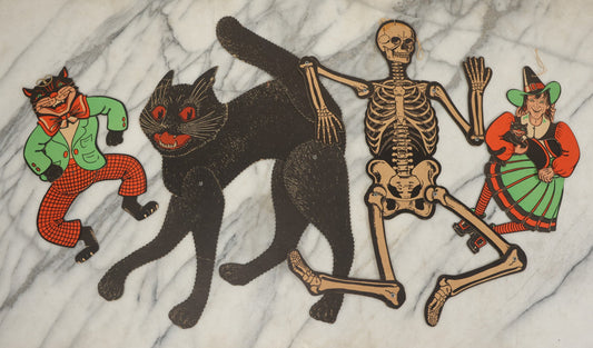 Lot 028 - Grouping Of Five Vintage Jointed Die-Cut Halloween Decorations Including Beistle Scratch Cat, Wiggly Dancing Witch, Wiggly Dancing Cat, And H.E. Luhrs Jointed Skeleton