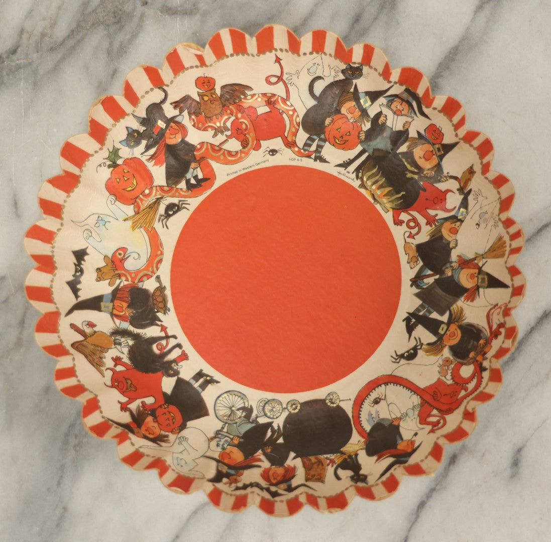 Lot 040 - Vintage Hallmark Paper Candy Bowl With Cartoon Witches, Devils, Snakes, Owls, And Black Cats, Printed In Western Germany, Item No. H.D.P. 6-5, 11" Diameter