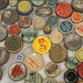 Lot 080 - Grouping Of 50+ Vintage And Antique Jar, Tin, And Bottle Lids With Advertising For Various Brands Including Skippy, Encore Mayonnaise, First National Stores, Snider's Chili Sauce, And More, As Found