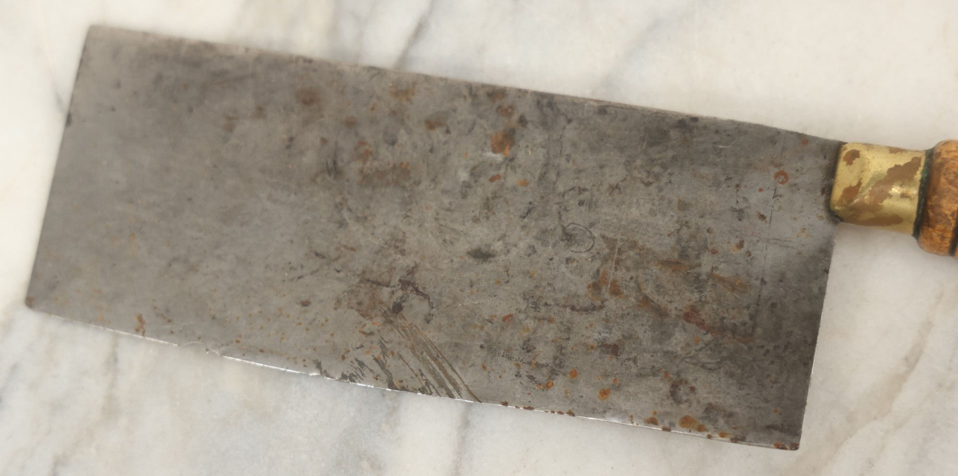 Lot 084 - Antique Butcher's Knife Meat Cleaver With Turned Wooden Handle And Brass Collar, Unmarked, Note Chipped And Worn Blade