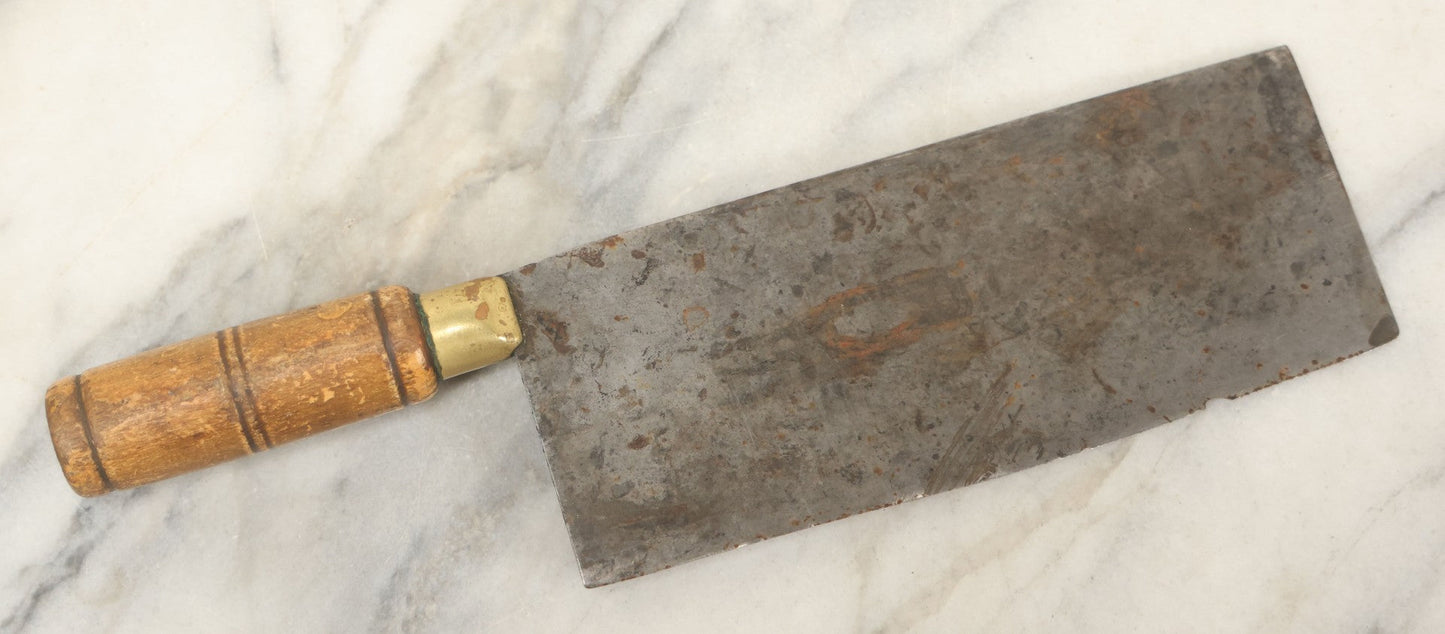Lot 084 - Antique Butcher's Knife Meat Cleaver With Turned Wooden Handle And Brass Collar, Unmarked, Note Chipped And Worn Blade