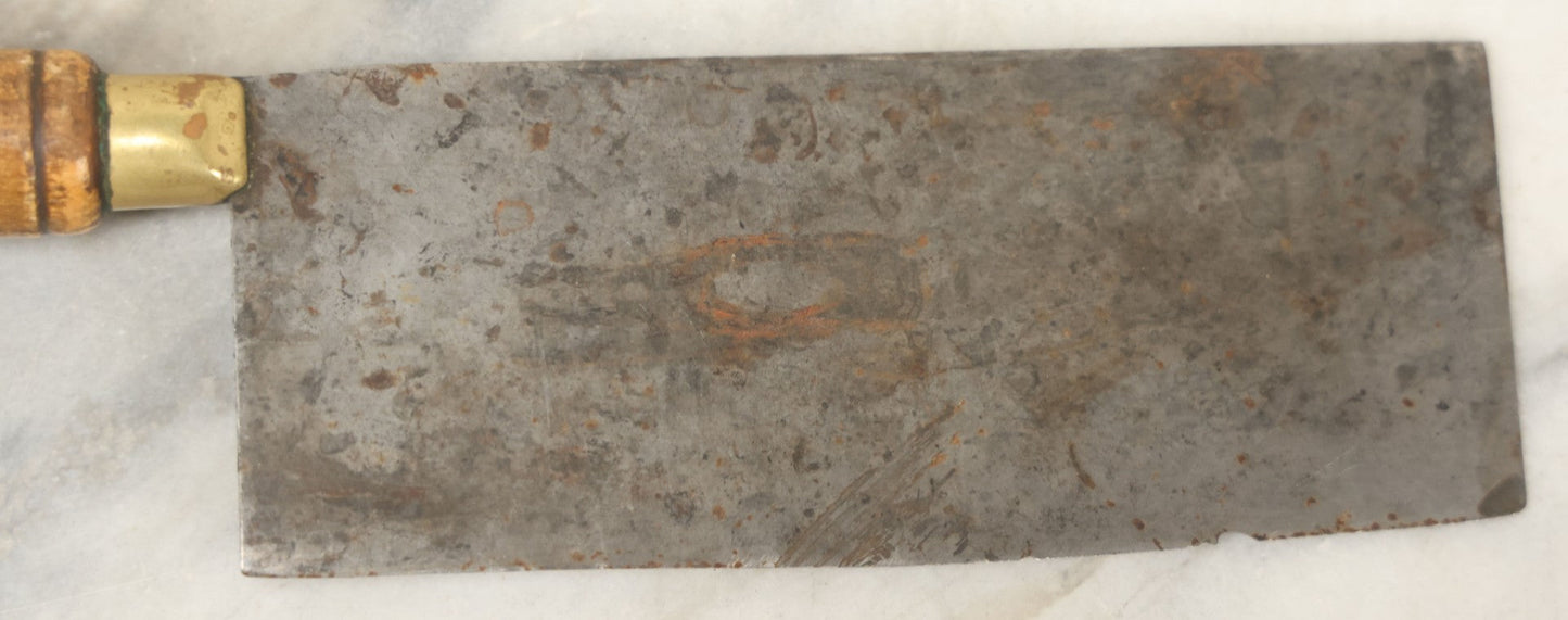 Lot 084 - Antique Butcher's Knife Meat Cleaver With Turned Wooden Handle And Brass Collar, Unmarked, Note Chipped And Worn Blade