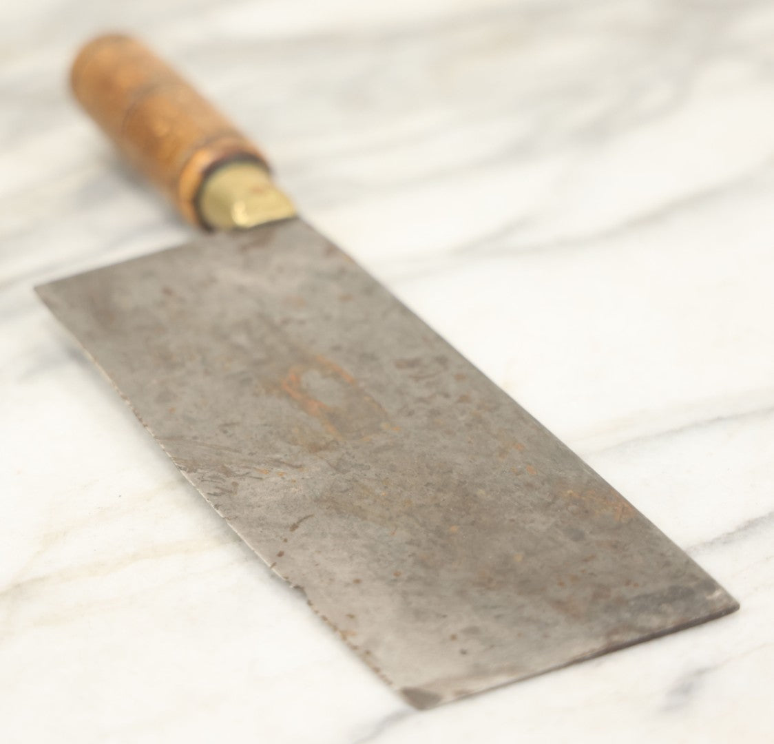 Lot 084 - Antique Butcher's Knife Meat Cleaver With Turned Wooden Handle And Brass Collar, Unmarked, Note Chipped And Worn Blade