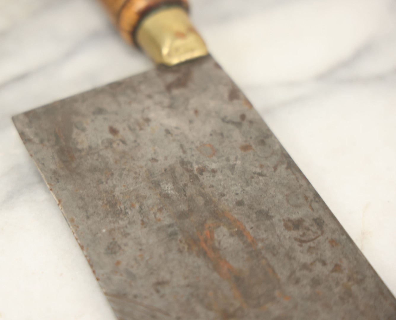 Lot 084 - Antique Butcher's Knife Meat Cleaver With Turned Wooden Handle And Brass Collar, Unmarked, Note Chipped And Worn Blade