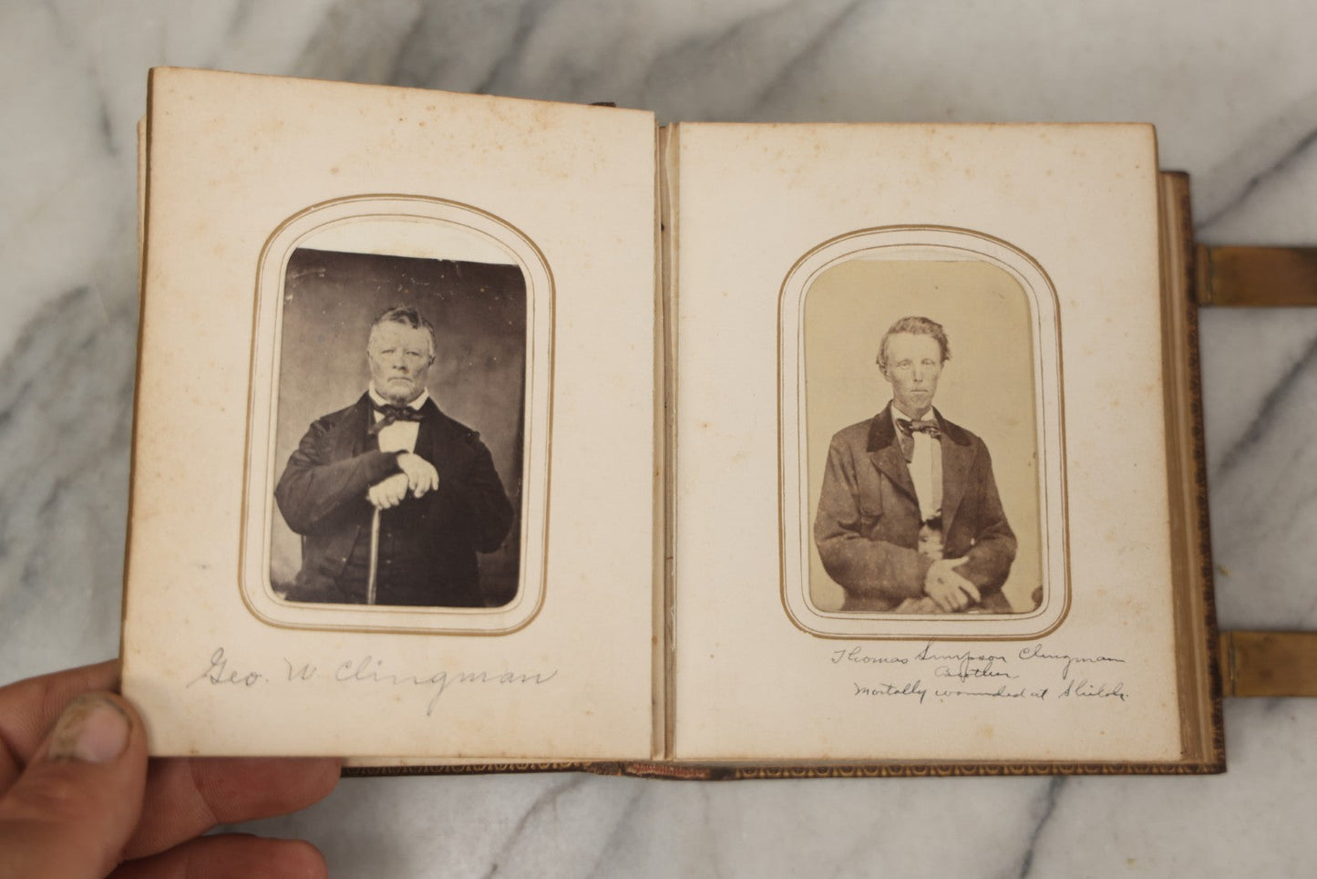 Lot 086 - Antique Family Photo Album With 32 Carte De Visite C.D.V. Photographs And 3 Tintypes, Mostly Of The Clingman Family, Including Photo Of Thomas Clingman, Mortally Wounded At The Battle Of Shiloh, Album By J.B. Lippincott & Co., Philadelphia