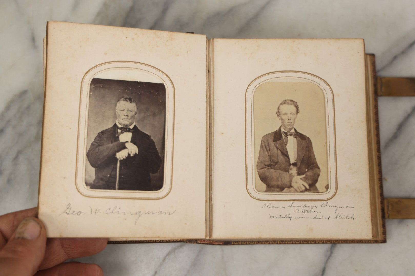 Lot 086 - Antique Family Photo Album With 32 Carte De Visite C.D.V. Photographs And 3 Tintypes, Mostly Of The Clingman Family, Including Photo Of Thomas Clingman, Mortally Wounded At The Battle Of Shiloh, Album By J.B. Lippincott & Co., Philadelphia