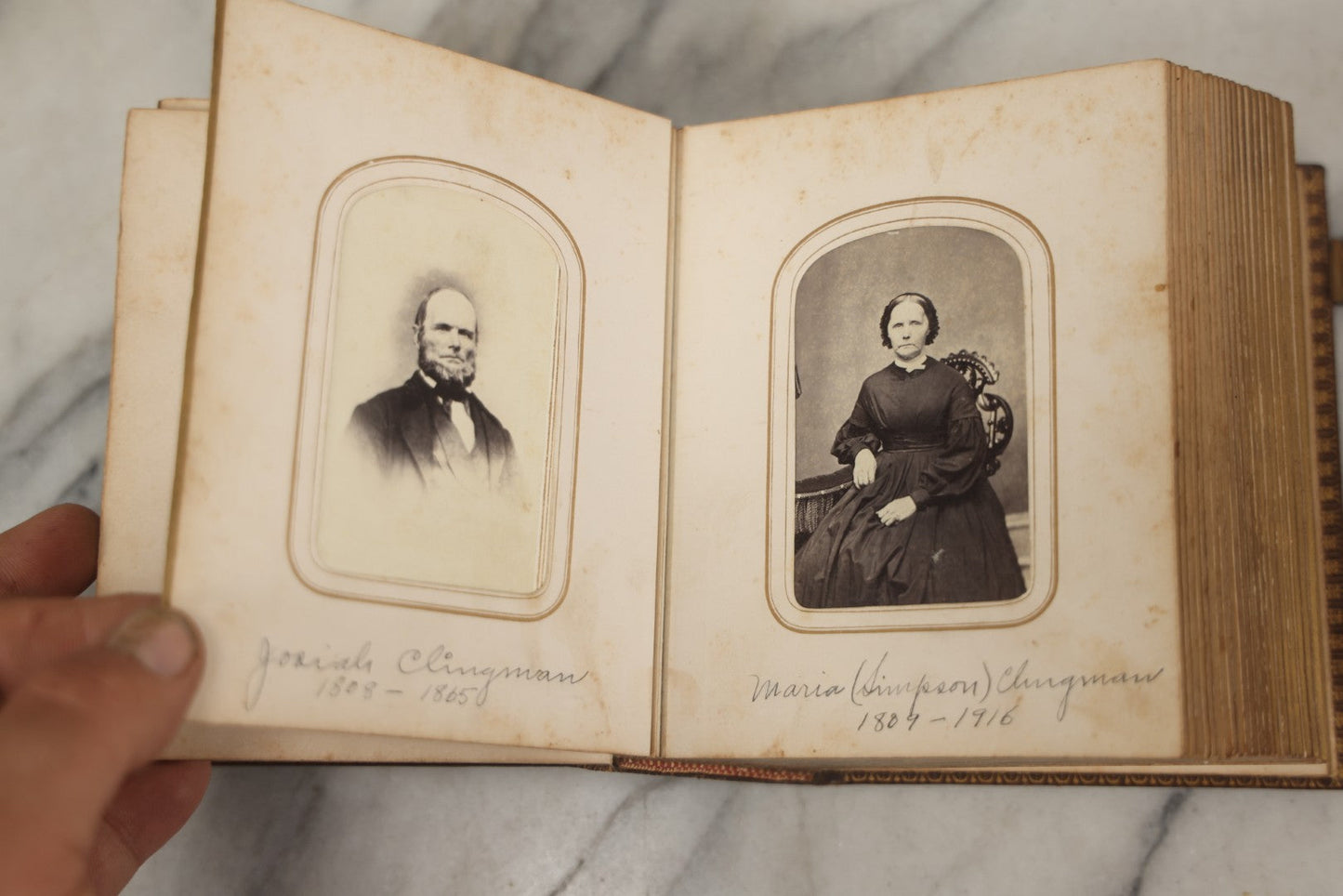 Lot 086 - Antique Family Photo Album With 32 Carte De Visite C.D.V. Photographs And 3 Tintypes, Mostly Of The Clingman Family, Including Photo Of Thomas Clingman, Mortally Wounded At The Battle Of Shiloh, Album By J.B. Lippincott & Co., Philadelphia