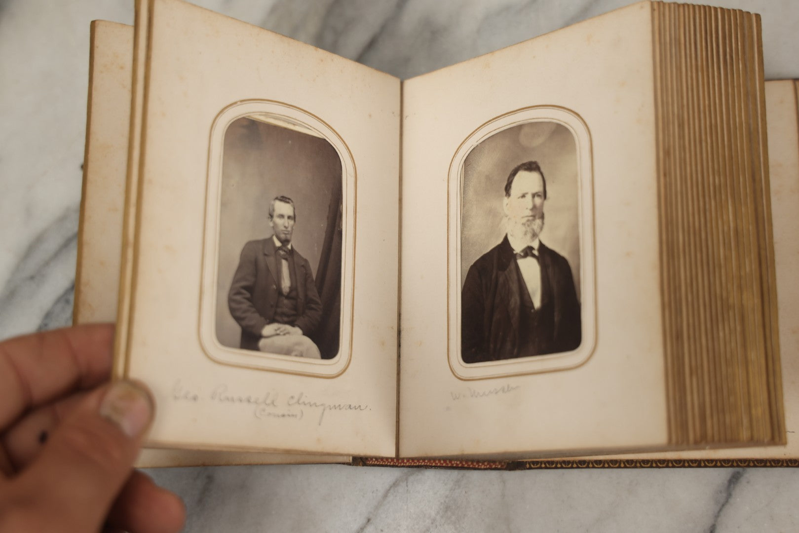 Lot 086 - Antique Family Photo Album With 32 Carte De Visite C.D.V. Photographs And 3 Tintypes, Mostly Of The Clingman Family, Including Photo Of Thomas Clingman, Mortally Wounded At The Battle Of Shiloh, Album By J.B. Lippincott & Co., Philadelphia