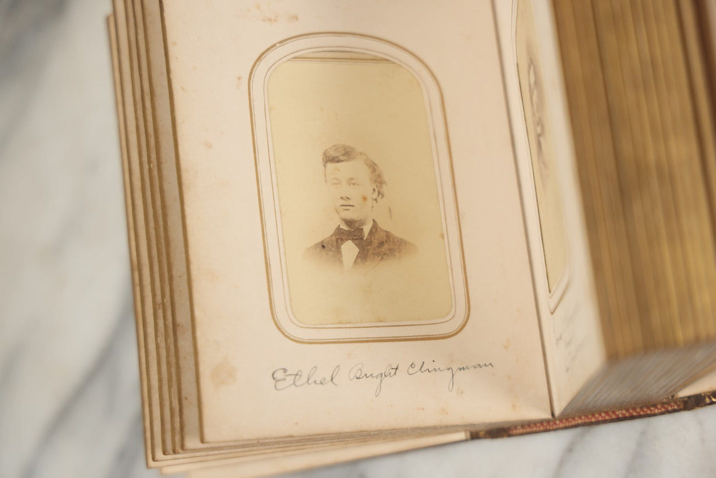 Lot 086 - Antique Family Photo Album With 32 Carte De Visite C.D.V. Photographs And 3 Tintypes, Mostly Of The Clingman Family, Including Photo Of Thomas Clingman, Mortally Wounded At The Battle Of Shiloh, Album By J.B. Lippincott & Co., Philadelphia