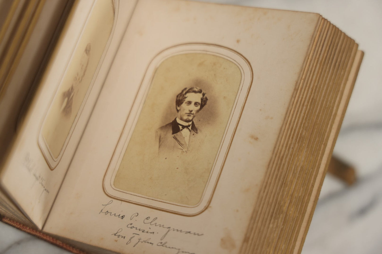 Lot 086 - Antique Family Photo Album With 32 Carte De Visite C.D.V. Photographs And 3 Tintypes, Mostly Of The Clingman Family, Including Photo Of Thomas Clingman, Mortally Wounded At The Battle Of Shiloh, Album By J.B. Lippincott & Co., Philadelphia
