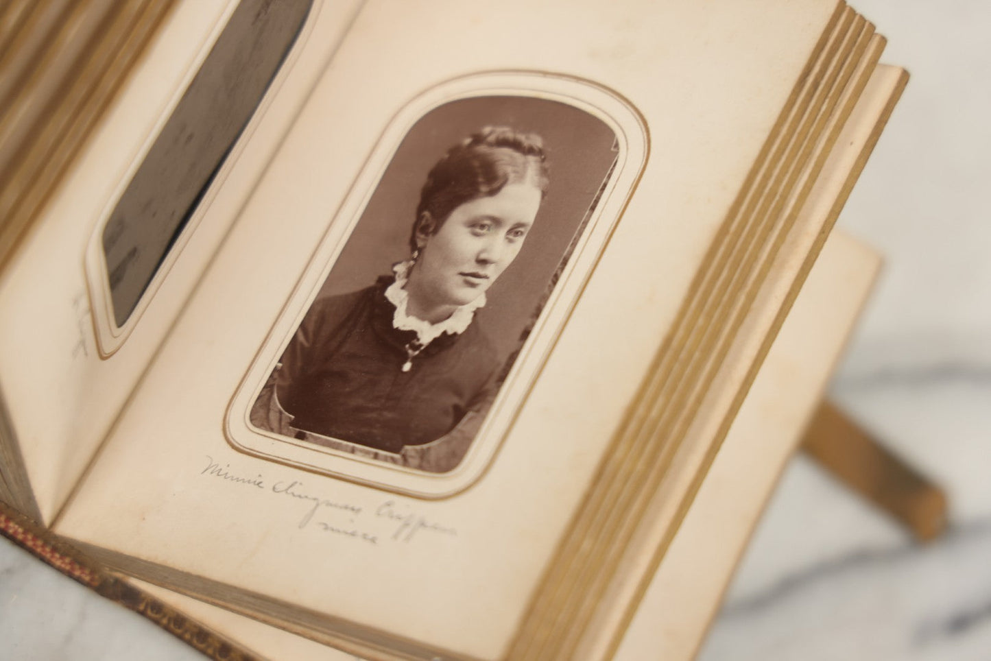 Lot 086 - Antique Family Photo Album With 32 Carte De Visite C.D.V. Photographs And 3 Tintypes, Mostly Of The Clingman Family, Including Photo Of Thomas Clingman, Mortally Wounded At The Battle Of Shiloh, Album By J.B. Lippincott & Co., Philadelphia