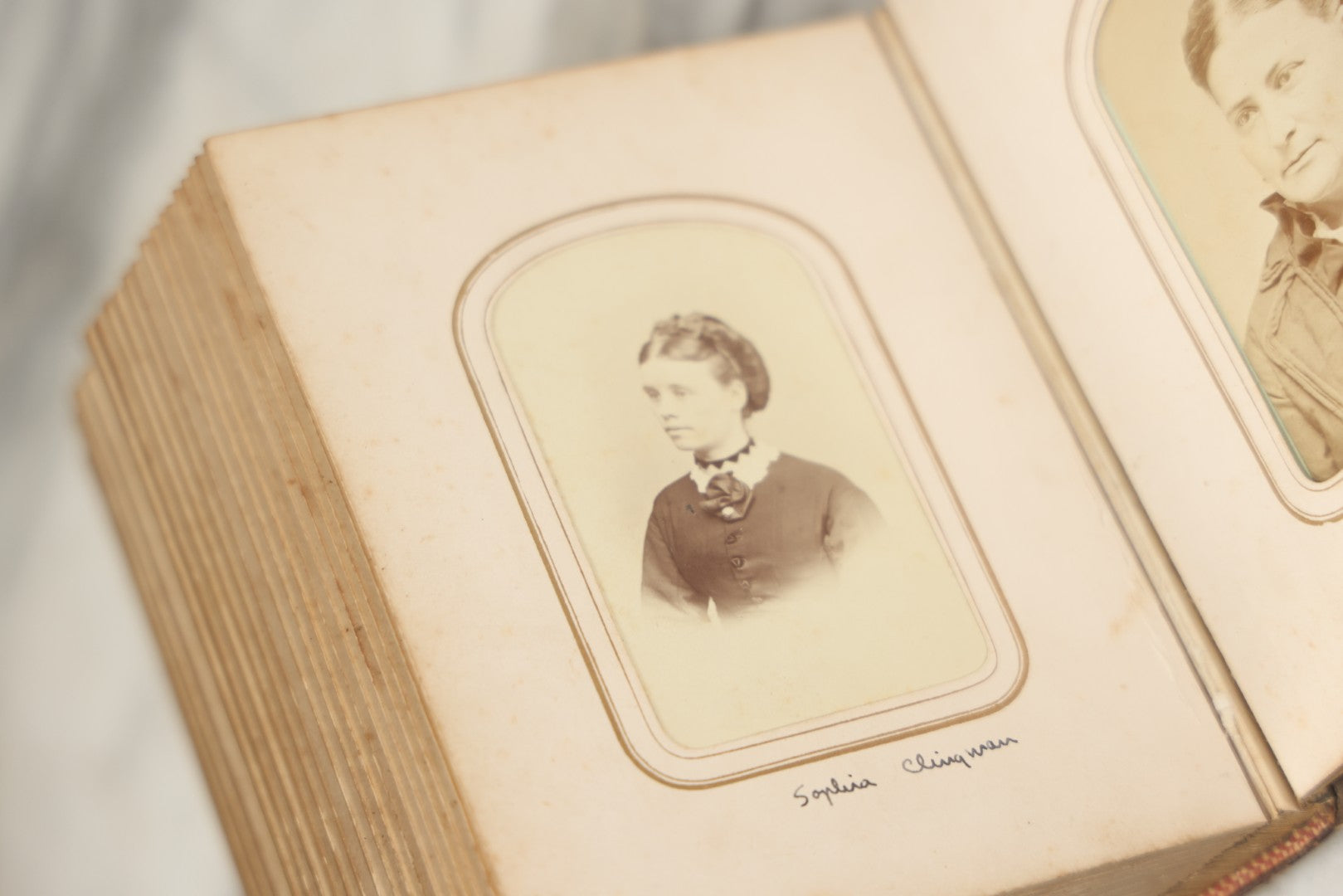 Lot 086 - Antique Family Photo Album With 32 Carte De Visite C.D.V. Photographs And 3 Tintypes, Mostly Of The Clingman Family, Including Photo Of Thomas Clingman, Mortally Wounded At The Battle Of Shiloh, Album By J.B. Lippincott & Co., Philadelphia