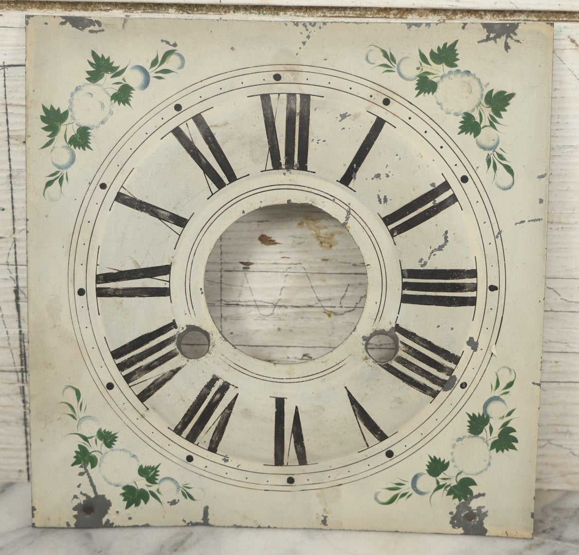 Lot 096 - Antique Painted Tin Metal Clock Face With Roman Numerals And Floral Decoration, 8-1/2" x 8-1/2"