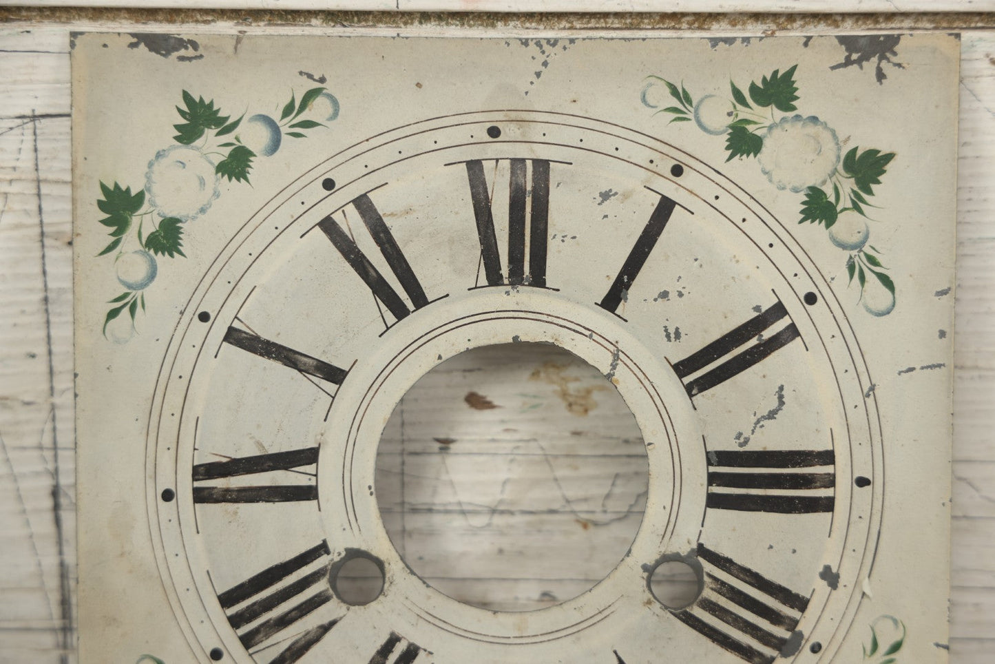 Lot 096 - Antique Painted Tin Metal Clock Face With Roman Numerals And Floral Decoration, 8-1/2" x 8-1/2"
