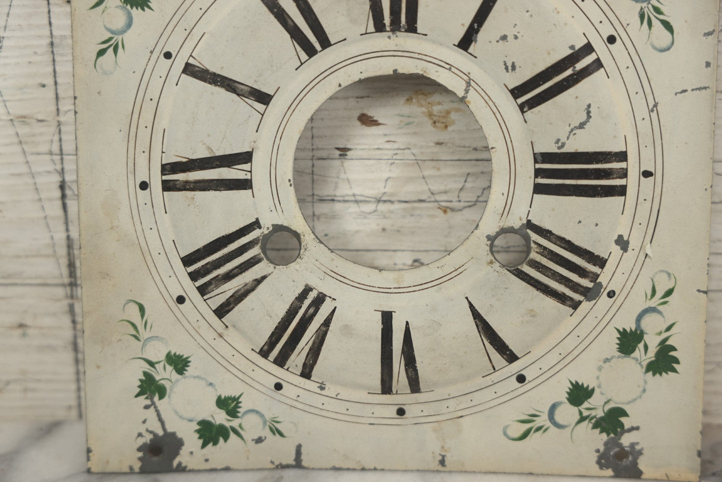 Lot 096 - Antique Painted Tin Metal Clock Face With Roman Numerals And Floral Decoration, 8-1/2" x 8-1/2"