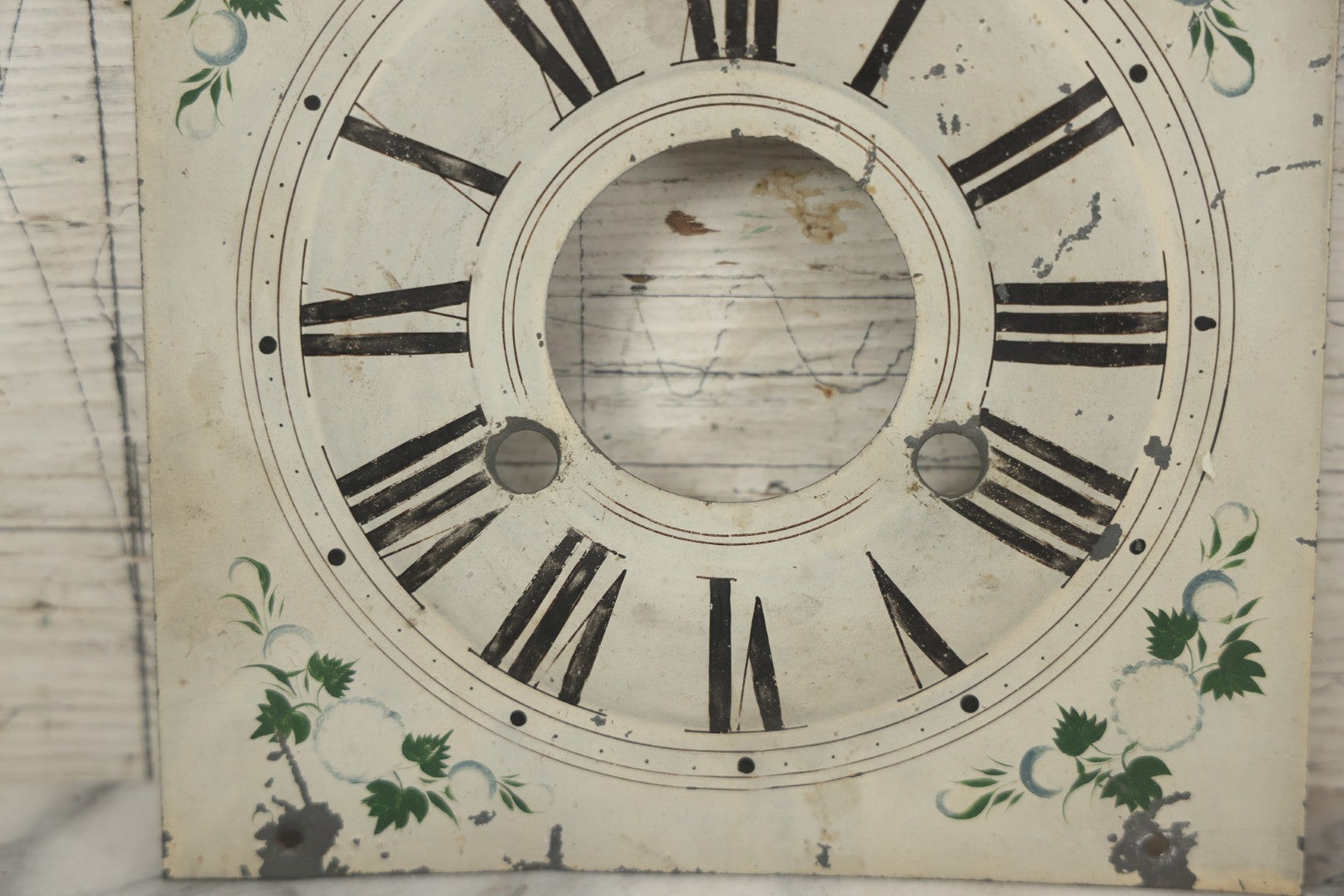 Lot 096 - Antique Painted Tin Metal Clock Face With Roman Numerals And Floral Decoration, 8-1/2" x 8-1/2"