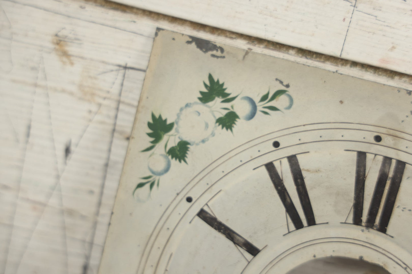 Lot 096 - Antique Painted Tin Metal Clock Face With Roman Numerals And Floral Decoration, 8-1/2" x 8-1/2"