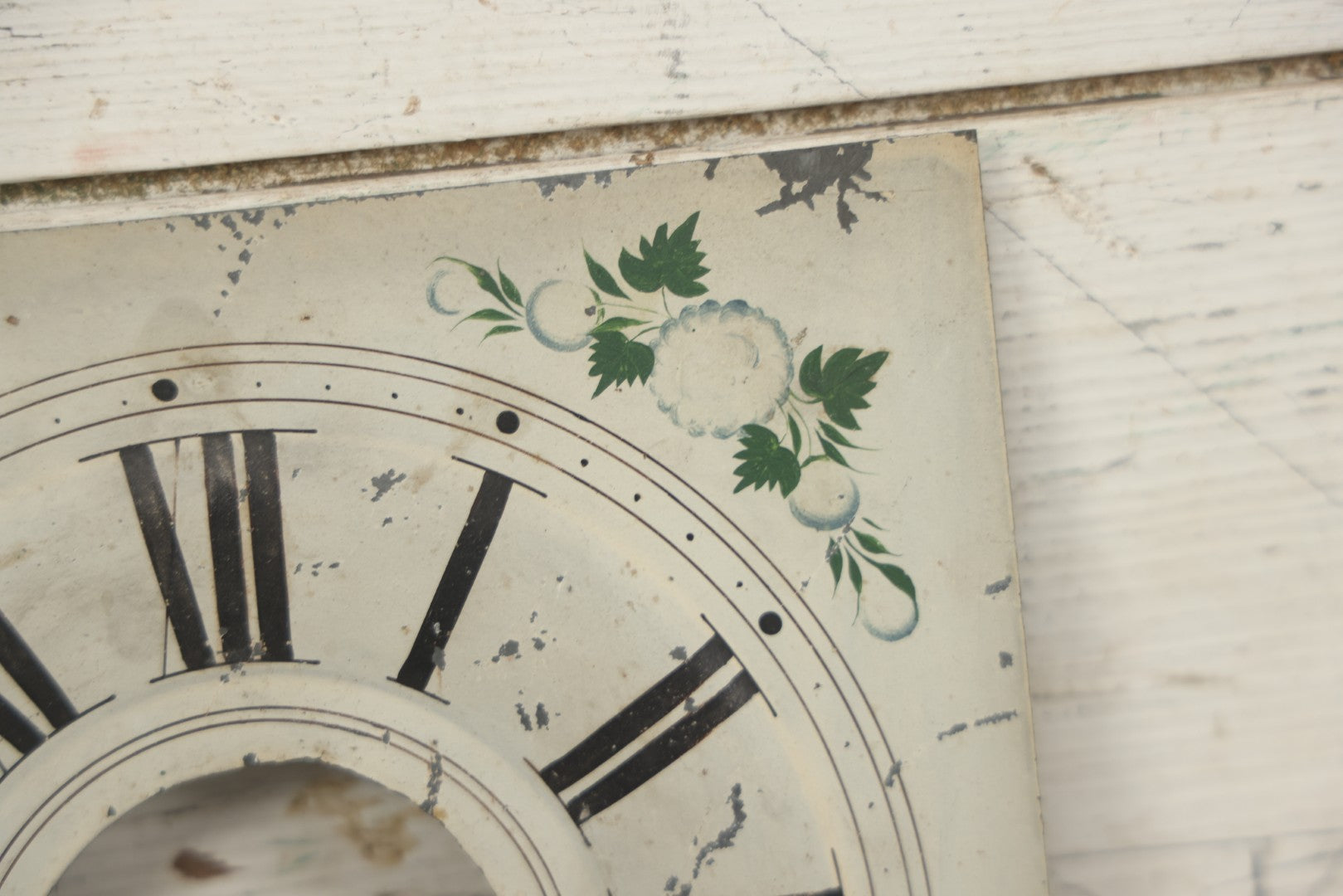 Lot 096 - Antique Painted Tin Metal Clock Face With Roman Numerals And Floral Decoration, 8-1/2" x 8-1/2"