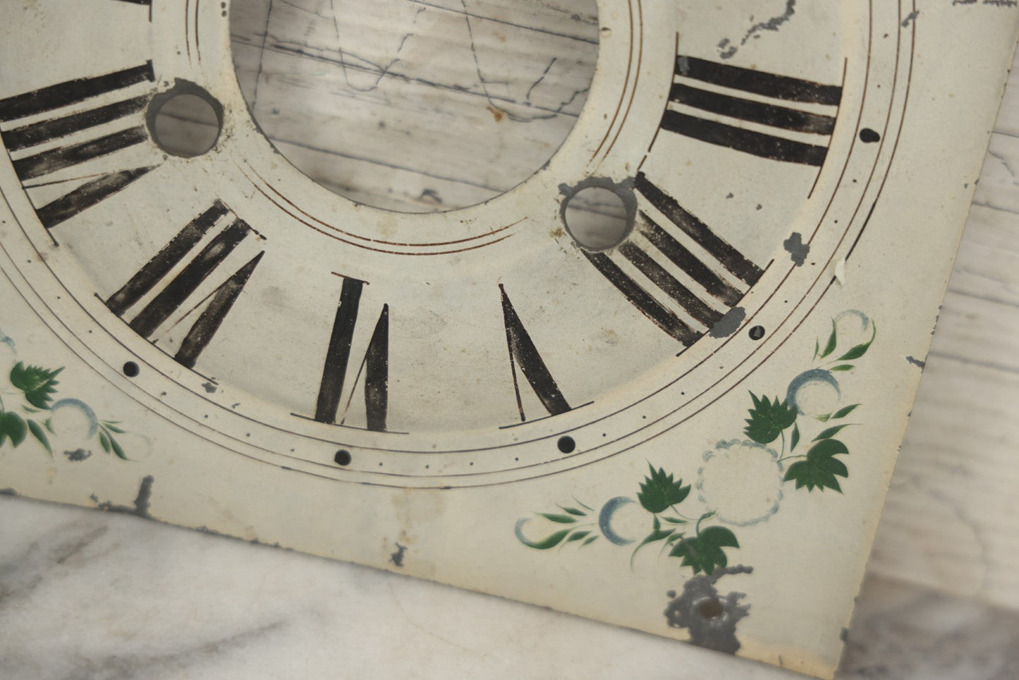 Lot 096 - Antique Painted Tin Metal Clock Face With Roman Numerals And Floral Decoration, 8-1/2" x 8-1/2"