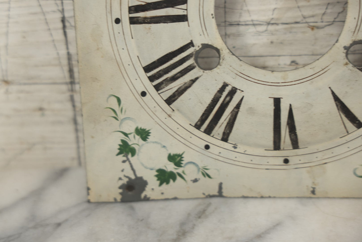 Lot 096 - Antique Painted Tin Metal Clock Face With Roman Numerals And Floral Decoration, 8-1/2" x 8-1/2"