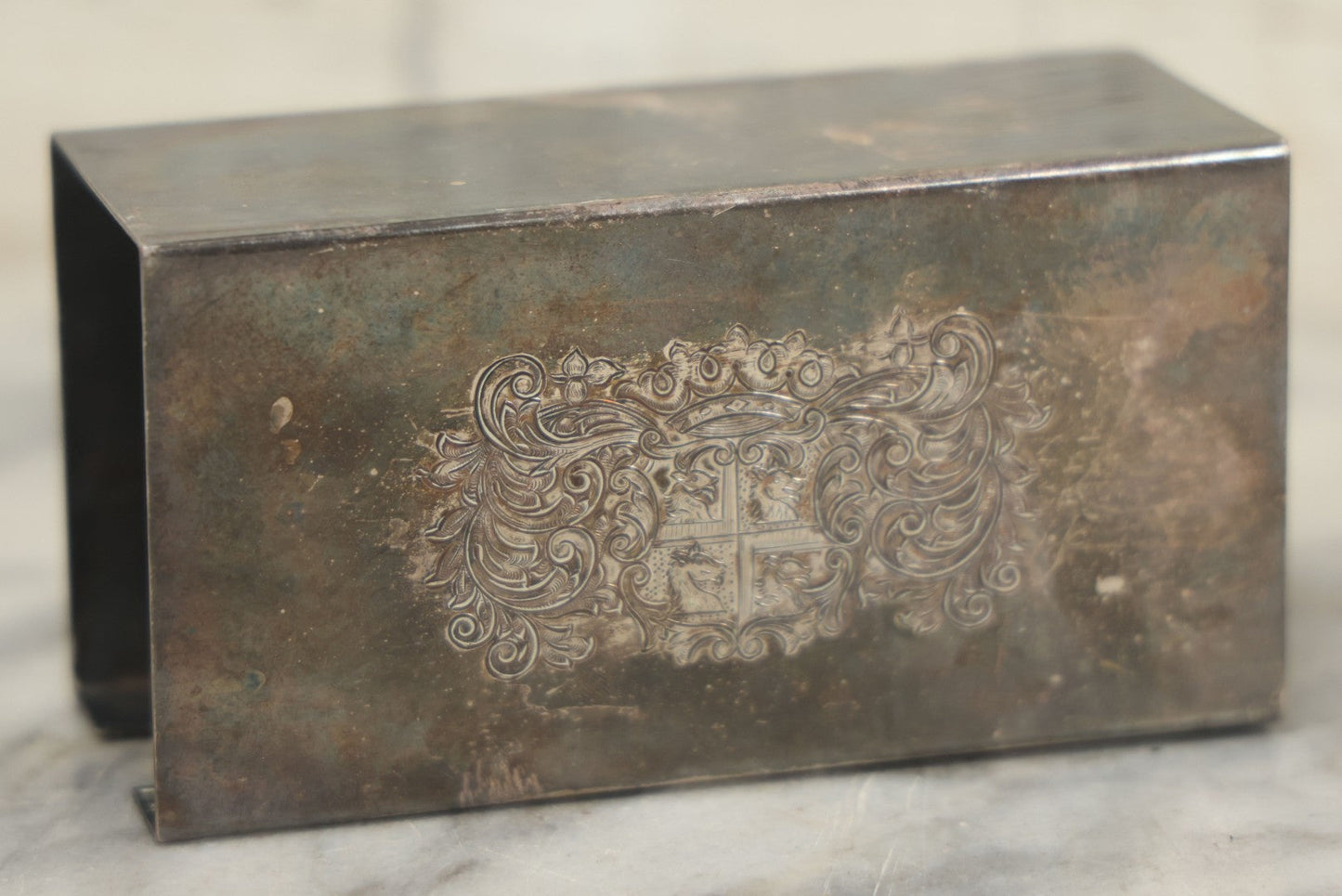 Lot 097 - Vintage Silverplate Matchbox Holder With Coat Of Arms And Dragons, Marked Made In England