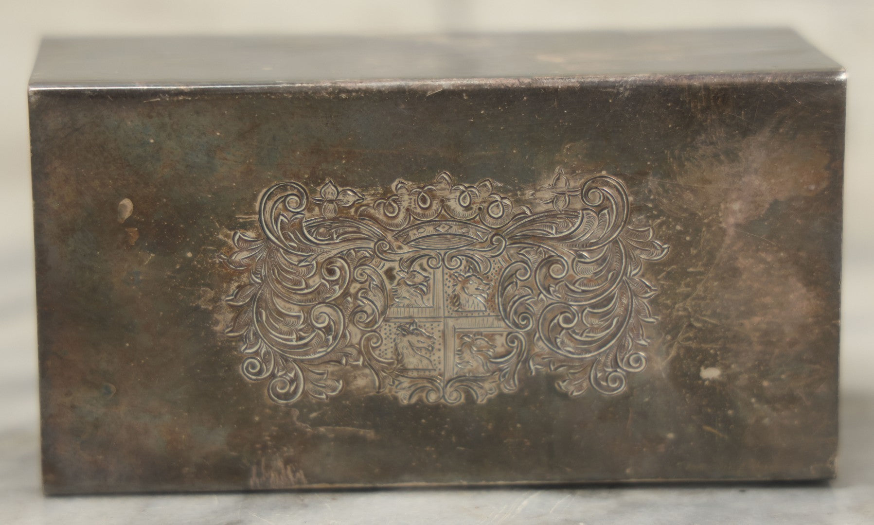 Lot 097 - Vintage Silverplate Matchbox Holder With Coat Of Arms And Dragons, Marked Made In England