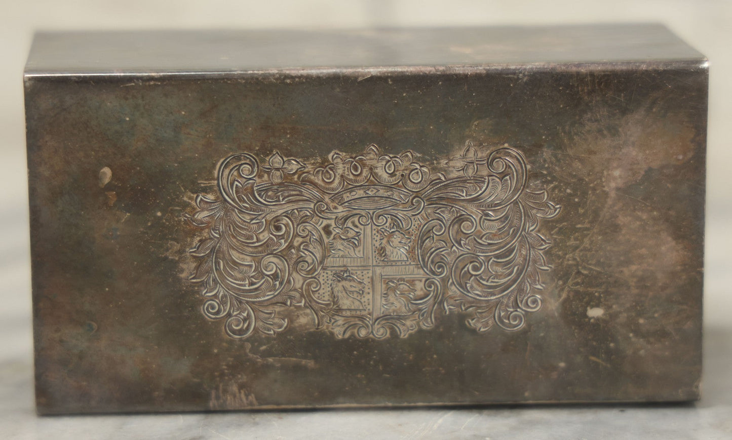 Lot 097 - Vintage Silverplate Matchbox Holder With Coat Of Arms And Dragons, Marked Made In England