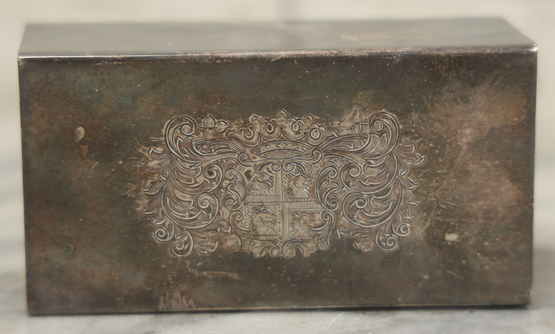Lot 097 - Vintage Silverplate Matchbox Holder With Coat Of Arms And Dragons, Marked Made In England
