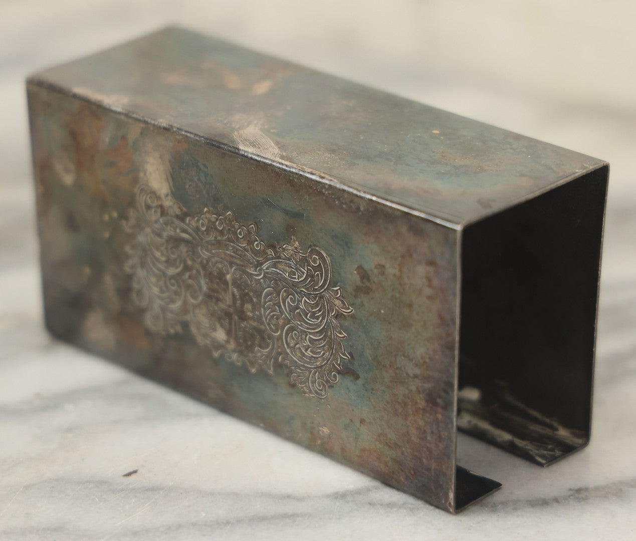 Lot 097 - Vintage Silverplate Matchbox Holder With Coat Of Arms And Dragons, Marked Made In England