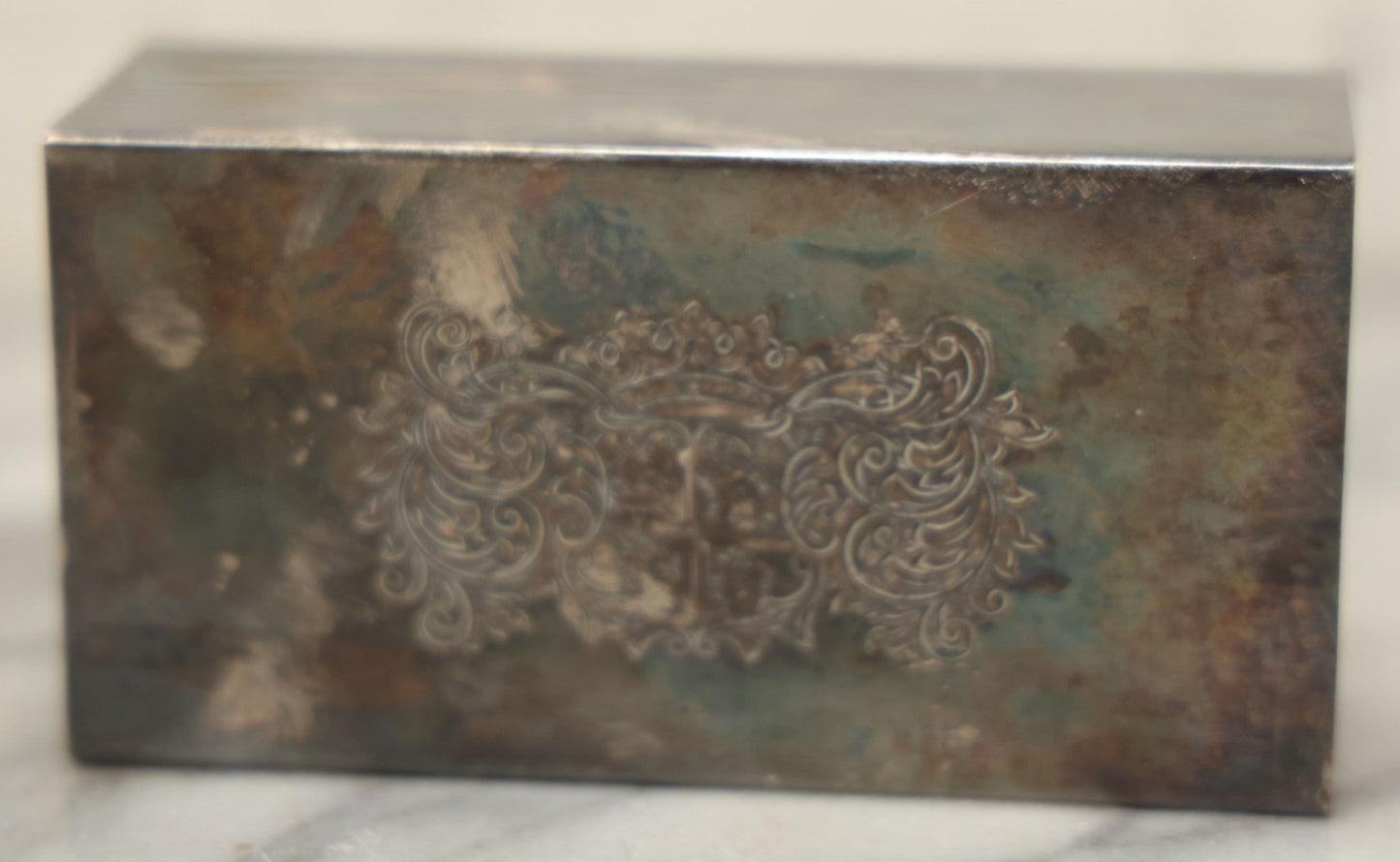 Lot 097 - Vintage Silverplate Matchbox Holder With Coat Of Arms And Dragons, Marked Made In England