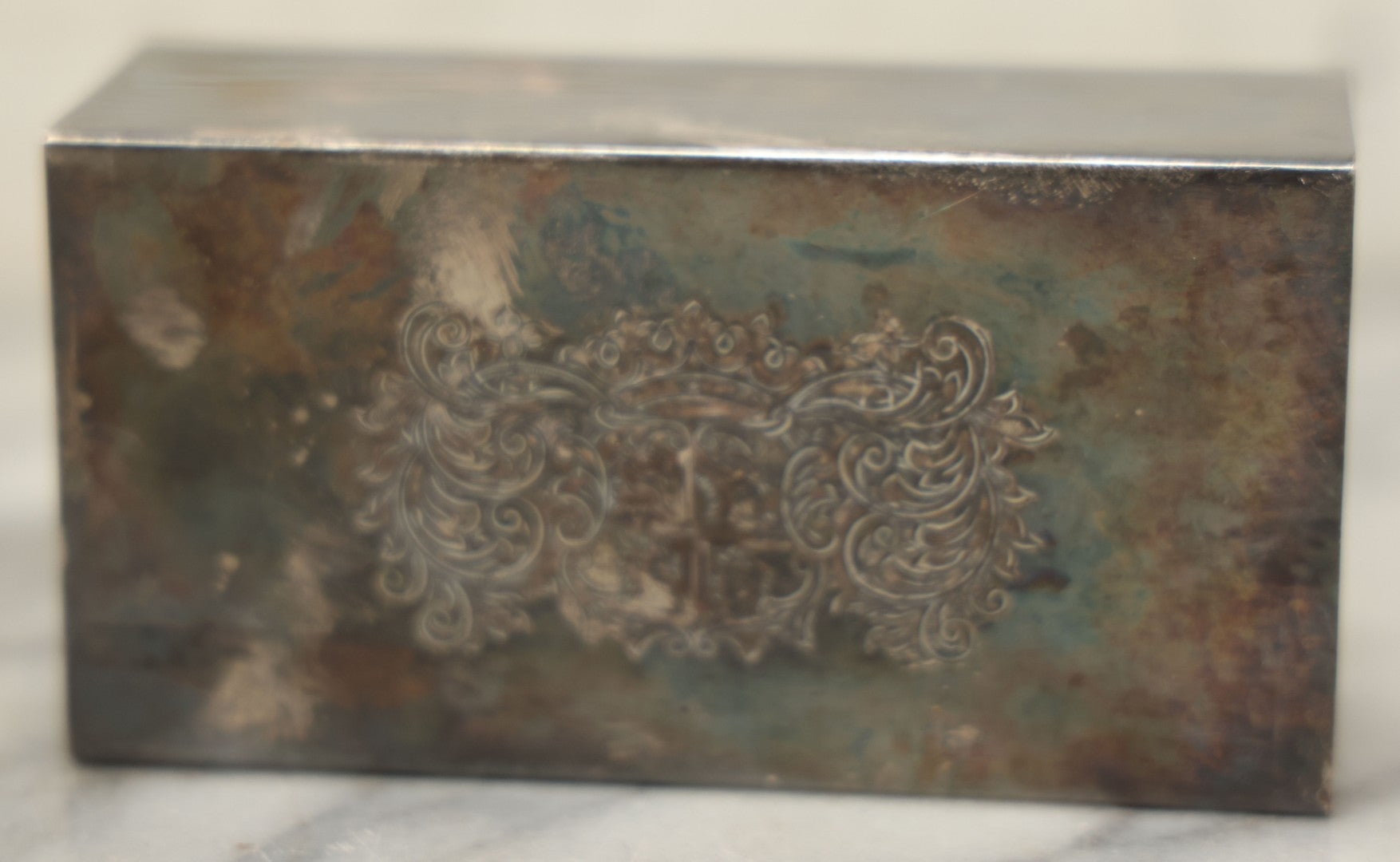 Lot 097 - Vintage Silverplate Matchbox Holder With Coat Of Arms And Dragons, Marked Made In England