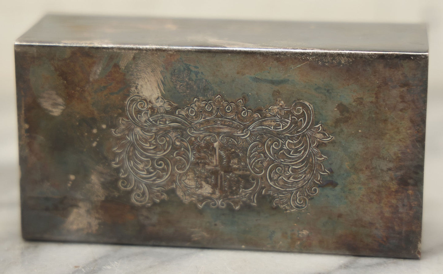 Lot 097 - Vintage Silverplate Matchbox Holder With Coat Of Arms And Dragons, Marked Made In England