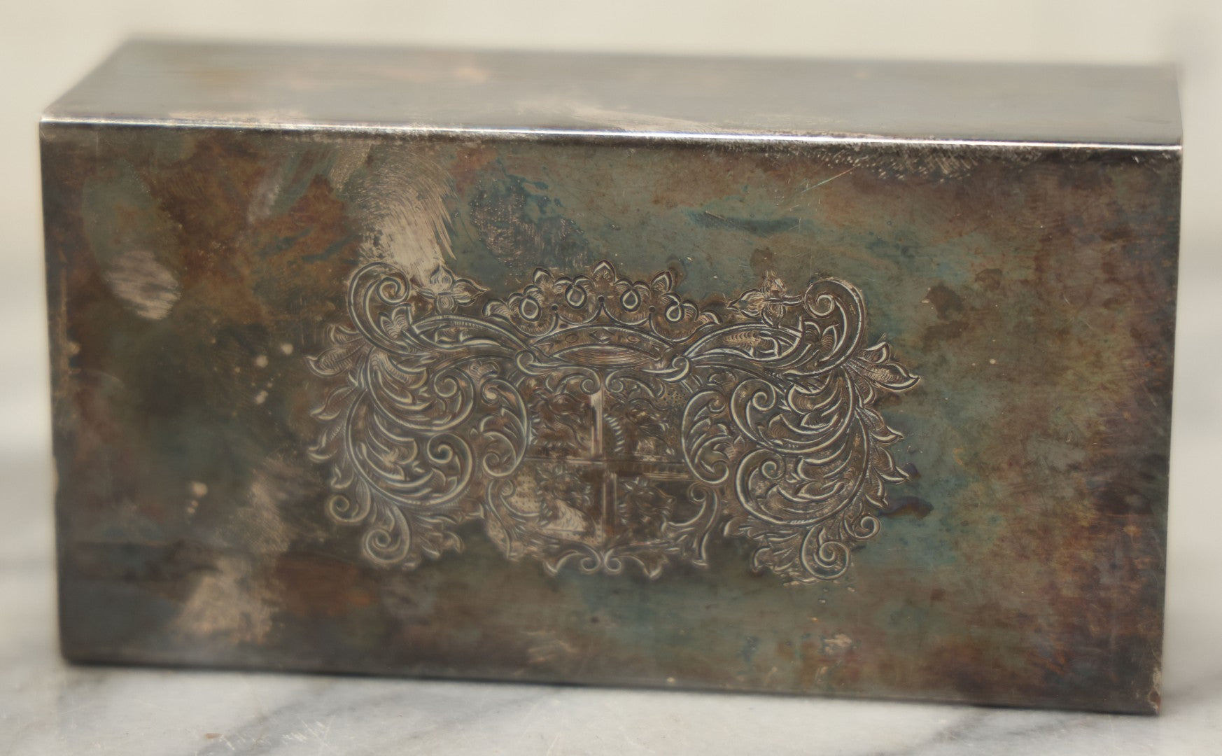 Lot 097 - Vintage Silverplate Matchbox Holder With Coat Of Arms And Dragons, Marked Made In England