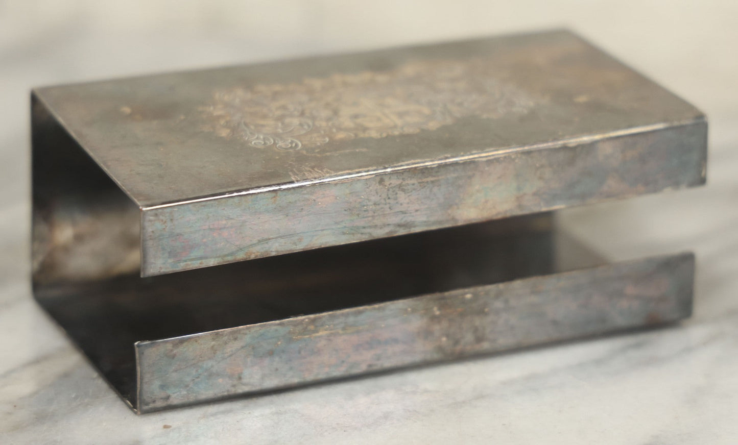 Lot 097 - Vintage Silverplate Matchbox Holder With Coat Of Arms And Dragons, Marked Made In England