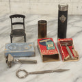 Lot 106 - Grouping Of Seven Vintage And Antique Metal Items Including Battery Flashlight, Gillette Tech Razor, Balance Tracing Caliper, Brass “Just A Shot” Shot Glass, Metal Toy Chair, And Ice Pick From Kendall's Bakery