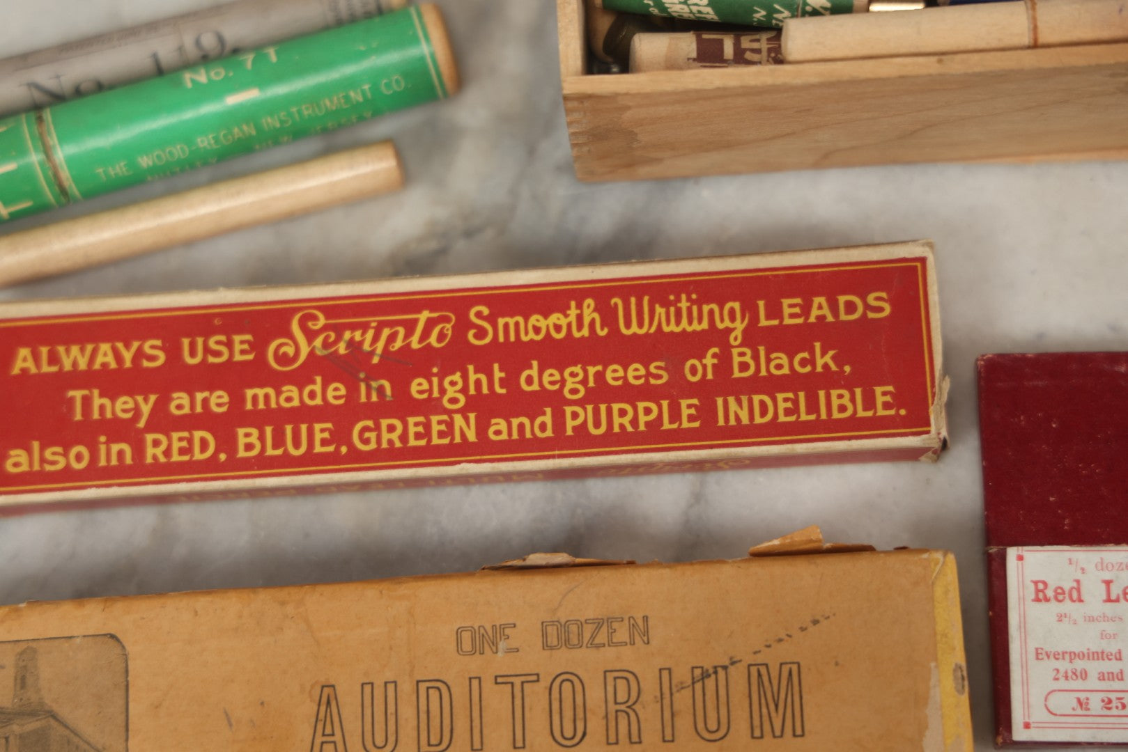 Lot 110 - Grouping Of 10+ Antique And Vintage Pencil And Lead Related Items Including Advertising Boxes From Koh-I-Noor, Scripto Smooth Writing Leads, And Others, Most With Partial Contents